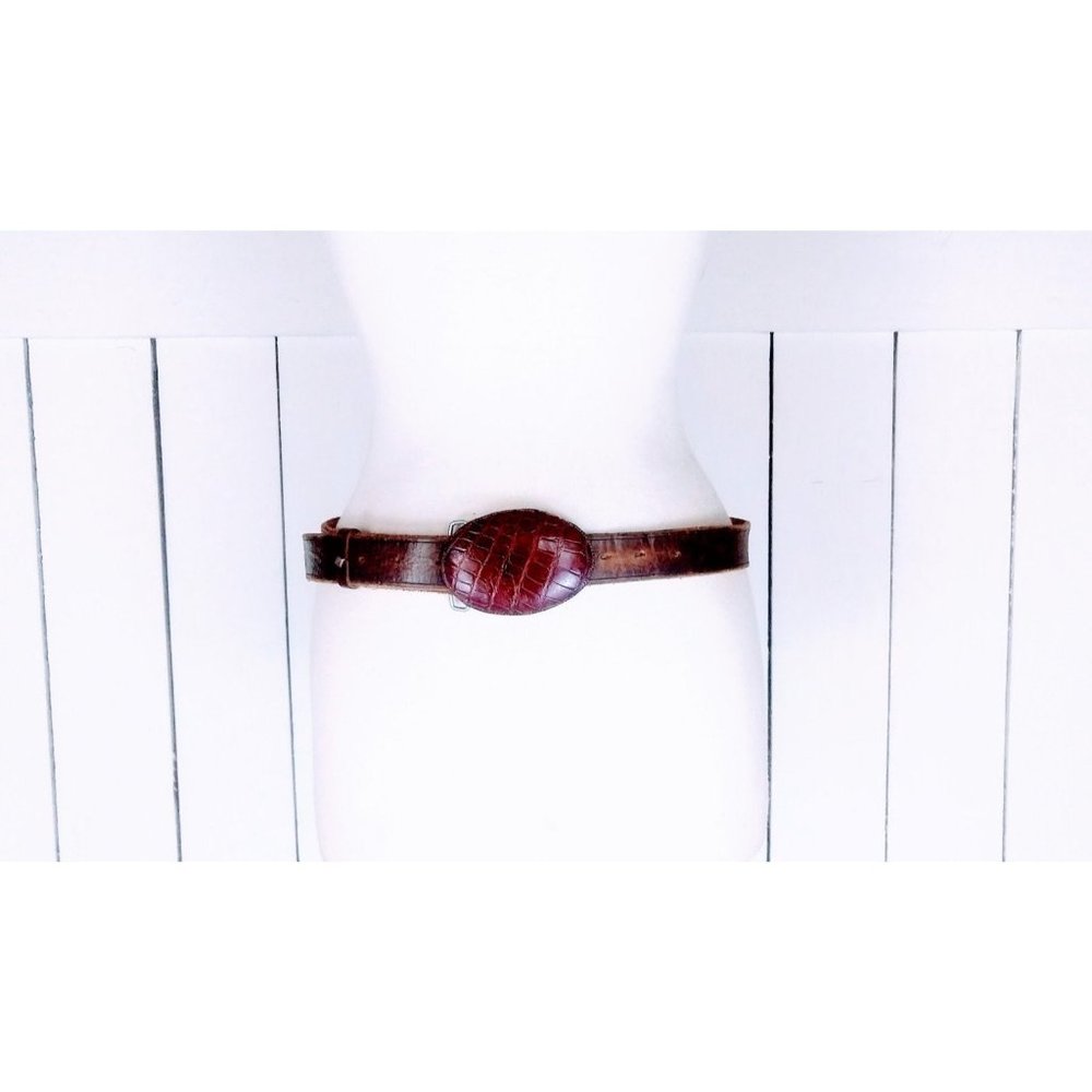 Vintage brown leather reptile embossed buckle belt/boho festival belt 47"-55"